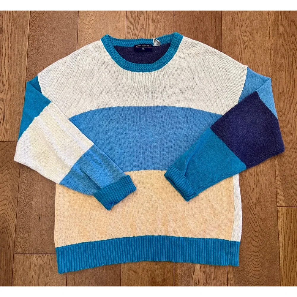 Vintage Color Block Ramie Cotton Grandpa Sweater Oversized XL Coastal 90s Knit